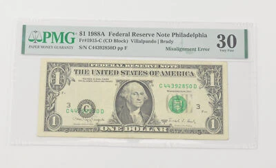 VF30 1988-A $1 FRN Philadelphia - FR#1915-C Misalignment Error - PMG *6579 - Image 1 of 3