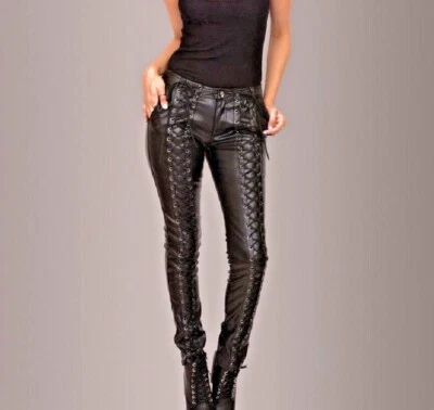 Pantalones de motociclista ajustados con cordones delanteros cintura baja bolsillos traseros para mujer Foto 1 de 4