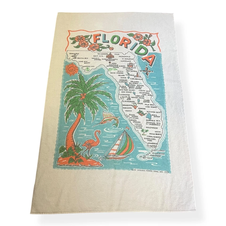 Винтажный 1984 полотенце King Beach полотенце Флорида сувенир США фламинго пальма - Изображение 1 из 4