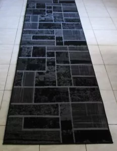 NEW BLACK/GREY MODERN DESIGN FLOOR HALL HALLWAY RUNNER RUG 80X300CM - Picture 1 of 6