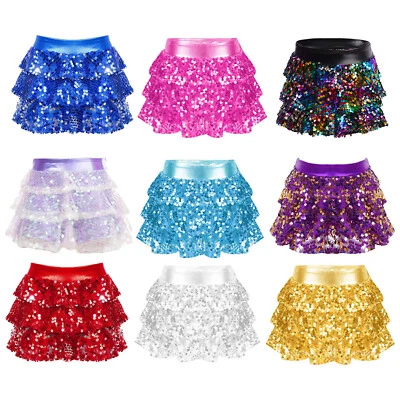 Freebily Girls Sparkly Dance Skirt Sequins Tiered Ruffle Mini Skorts Jazz Skirt - Image 1 of 2