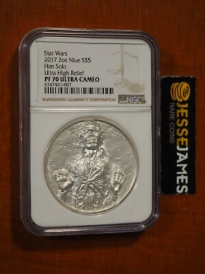 2017 $5 NIUE PROOF SILVER HAN SOLO STAR WARS NGC PF70 ULTRA CAMEO HR 2 OZ - Image 1 of 2
