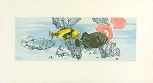 FRITZ NEUMANN FIRMADO (AKA RIC) De colección c.1960 Grabado TRES PECES OCEÁNICOS Y CORALES - Imagen 1 de 8