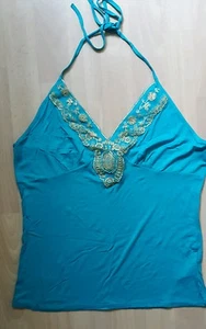 NEU Türkis "H&M" Basic Top Tanktop Shirt + goldene Applikationen Neckholder in L - Bild 1 von 2