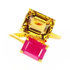 925 STERLING SILVER YELLOW CITRINE OCTAGON CUTGEMSTONE & RED RUBY RING SIZE 5.75 - Picture 1 of 9