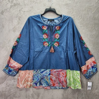 Calessa Women XL Indigo Embroidered Floral Patchwork Tassel Tie Neck Tunic New - Image 1 of 4