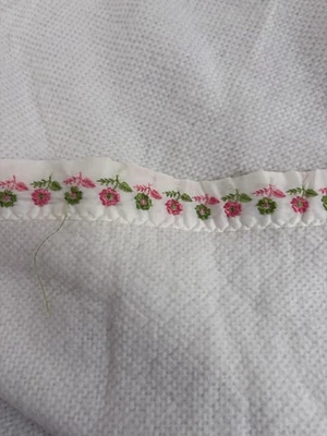 Vtg Pink Green Floral Embroidered Satin Trim Waffle Weave Acrylic Blanket 87x82" - Image 1 of 4