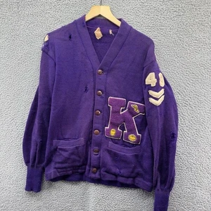 Vintage Varsity Letterman Strickjacke Pullover Herren Lila Wolle Chenille K 49 1940er - Bild 1 von 12