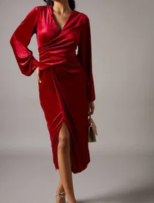 COAST RED VELVET WRAP WAIST MIDI DRESS SIZE 10 NWT - Image 1 of 4