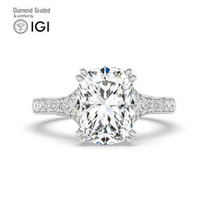 Ecushion Solitaire Labgrown Diamond Engagement Ring 14k White Gold 3.40 Ct - Picture 1 of 18