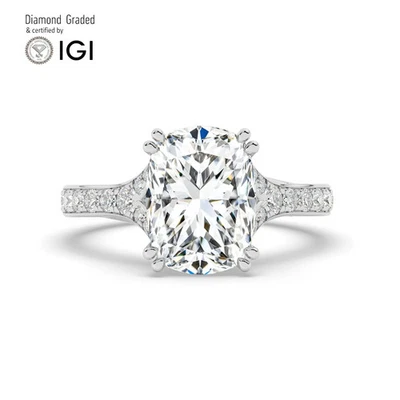 Ecushion Solitaire Labgrown Diamond Engagement Ring 14k White Gold 3.40 Ct - Image 1 of 4