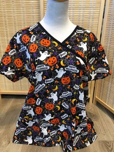 Halloween Scrub Top Cartoon Pumpkin Ghosts Spiderwebs Large L H139 - Picture 1 of 6