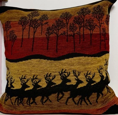 Running Deer Trees Silhouette Rich Woven Autumn Colors  Down Filled Pillow 17” - Image 1 of 4