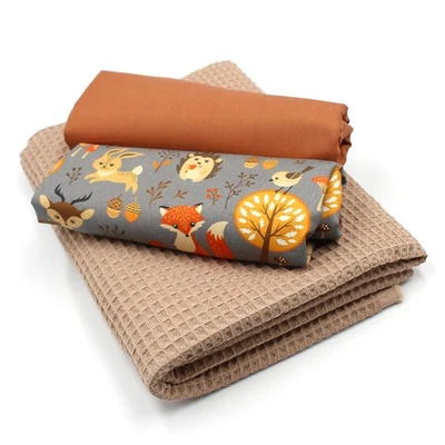 VMG-STORE Waffelstoff Set + 2x Baumwollstoff je 0,5m x 1,5m Stoffpaket Waldtiere Set01