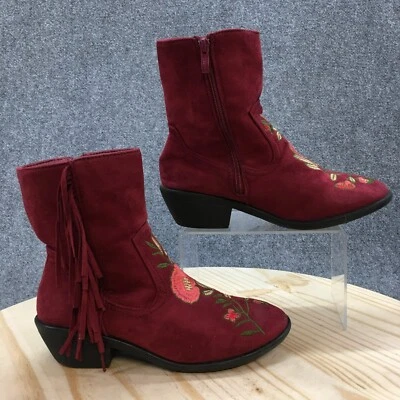 Weeboo Boots Womens 7.5 Mid Calf Burgundy Suede Zip Embossed Floral Tasseled - Image 1 of 4