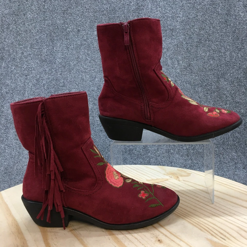Weeboo Boots Womens 7.5 Mid Calf Burgundy Suede Zip Embossed Floral Tasseled - Image 1 of 4