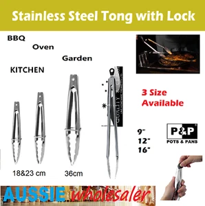 AU Heavy Duty Stainless Steel Tong with lock Toast Tongs BBQ Serve Kitchen - Picture 1 of 5