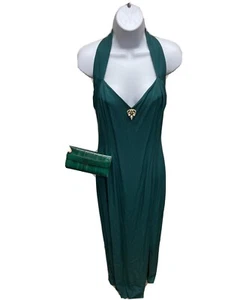 Abito vintage Jessica Mclintock verde foresta con spilla perla e borsa pelle d'anguilla - Foto 1 di 10