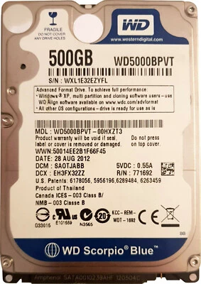 Western Digital 500GB WD5000BPVT 5400RPM SATA 2.5" Laptop HDD Hard Disk Drive - Image 1 of 4