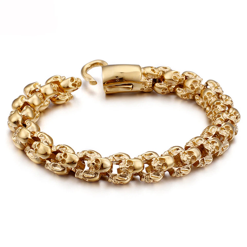Brazalete Brazalete Cadena Eslabón Calavera Tono Oro 18K Acero Inoxidable Gótico Punk 316L Foto 1 de 4