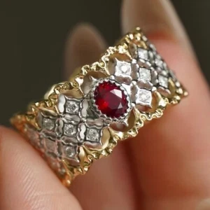 Vintage Hollow Argyle Lab Created Ruby Natural Diamond Lady Ring 14K 2-Tone Gold - Picture 1 of 9