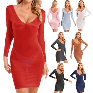 Damen Glänzend Minikleid V-Ausschnitt Transparente Bodycon Kleid mit G-String - Picture 1 of 101