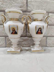 Vintage X2 Jar Jesus Virgin Mary Holy Water Christian White Gold Hand Made Gifts - Picture 1 of 12