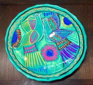 Mexican Pottery Footed Bowl Hand Painted  Scalloped Edge Birds Flowers Nice - Imagen 1 de 12