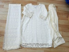 Indian Dress Saree Punjabi Set of 3PCS Cream/Ivory Size L/XL Silky & Embroidry