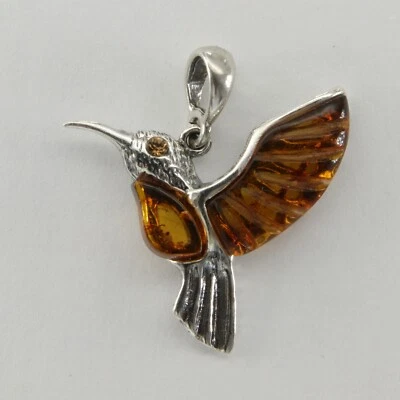 Coñac/Marrón ÁMBAR BÁLTICO Colibrí Pájaro Colgante PLATA ESTERLINA 925# 2633e Foto 1 de 3