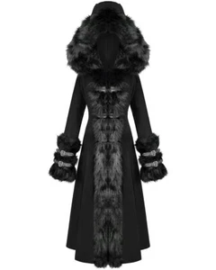 Devil Fashion Womens Long Gothic Lolita Hooded Winter Coat Jacket Black Faux Fur - Picture 1 of 24