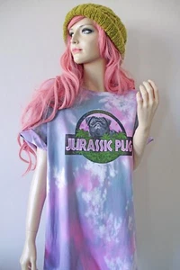 JURASSIC PUG Tie Dye T-Shirt 90s Oversized Grunge Cute Dog Funny 90s Gift Y2K - Picture 1 of 9