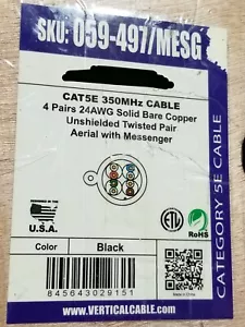 Vertical Cable 059-497/MESG CAT5E UTP Outdoor Aerial w/ Steel Messenger Blk/50ft - Picture 1 of 7