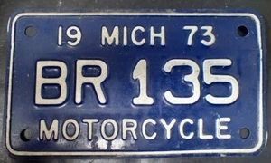 Vintage 1973 73 MICHIGAN MICH MI Blue Motorcycle License Plate BR 135 - Picture 1 of 7