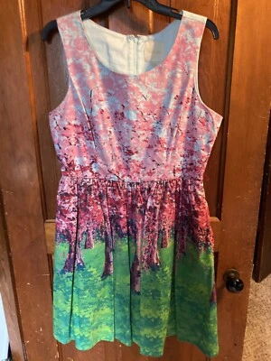 Modcloth Dress Large L Retro Style Pink Flowering Trees Forest Spring Summer - Image 1 of 4
