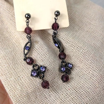 Lia Sophia Dangle Stud Earrings Purple Prom Fairy Goth Gunmetal Silver Drop - Image 1 of 4