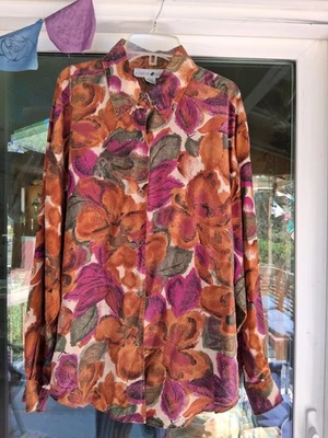 Camisa Vintage Seda Floral Nueva Ola Abotonada Rosa y Naranja Foto 1 de 4