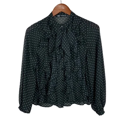 Blusa Zara Volantes Transparente Negra Blanca Lunares Botón Delantero Para Mujer XS Foto 1 de 4