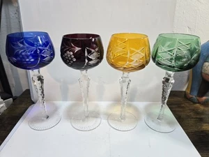 4 Bohemian Cut-to-Clear Crystal Wine Hocks Goblets Green Blue Cranberry Yellow - Picture 1 of 10