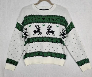 Simplee Womens Merry Christmas Sweater Reindeer Hearts Small Green White Holiday - Picture 1 of 8