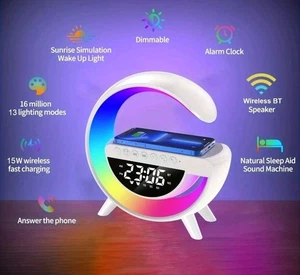 Large Smart Wireless Charger Alarm Night Light Lamp Bluetooth Speaker with RGB - Picture 1 of 4