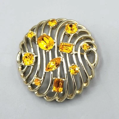 Broche Cúpula Redonda Enjaulada Tono Dorado Estrás Mixto Topacio Firmado Kramer De Colección Foto 1 de 4