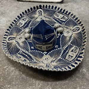 Vintage Pailletten blau/weiß mexikanischer Sombrero Mariachi Hut Erwachsene - Bild 1 von 10