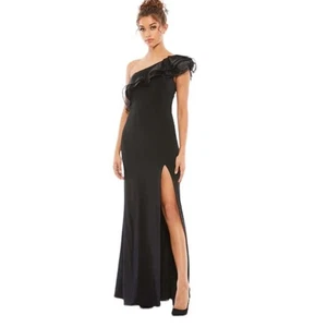 Mac Duggal One-Shoulder-Abendkleid mit Rüschen schwarz Stil 26372 Größe 6 neu mit Etikett - Bild 1 von 9
