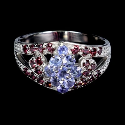 Anillo de plata de ley 925 redondo tanzanita rodolita granate piedras preciosas joyería 9 Foto 1 de 4