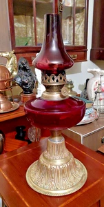 Antique Victorian Falk Brass Oil Paraffin Lamp Cranberry Glass Font & Chimmney - Picture 1 of 12