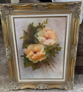 Vintage Oil Painting California Poppies By M. Roloff 18x24 w Antique Gold Frame - Picture 1 of 12