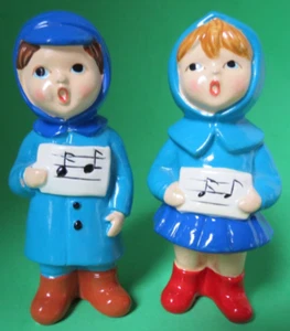 Vintage 1970s Ceramic Glazed Blue Pair of Boy & Girl Carolers 4.25" Tall - Picture 1 of 10