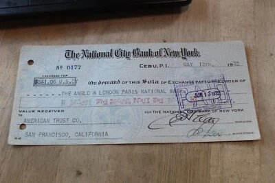 CEBU , P.I. BRANCH NATIONAL CITY BANK OF NEW YORK CHECK 1932 W/ TAX STAMPS - Image 1 of 2