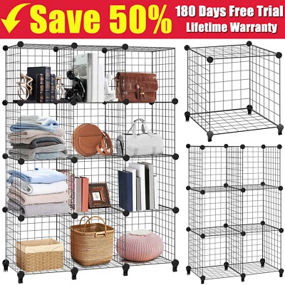 6/12 Cubes Interlocking Storage Unit With Metal Wire Mesh Black Multifunctional - Image 1 of 4
